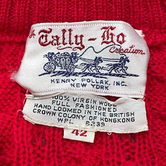 VINTAGE Tally Ho Cardigan Sweater Womens 42 Red 100% Wool Cable Knit Knot Button - Picture 3 of 8